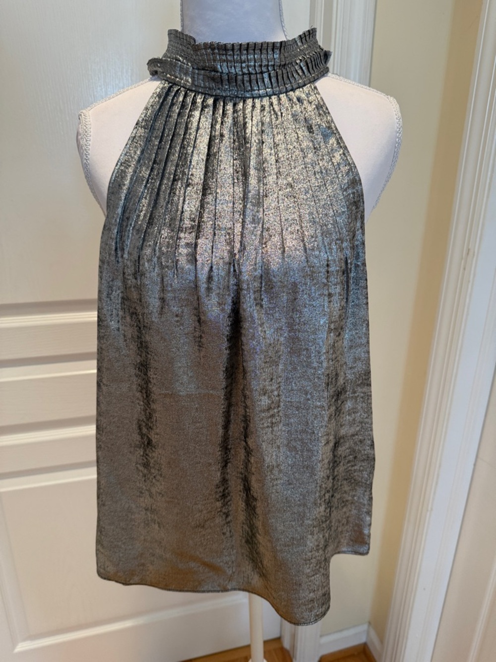 White House Black Market Metallic Silver Pleated Halter Camisole